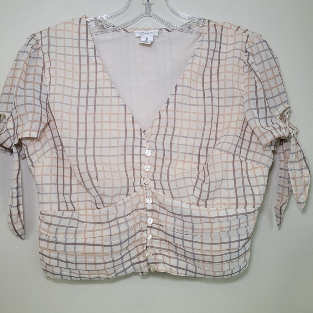 Japna Womens Small Cream Plaid Button Front V-Neck Smocked Crop Top Tie Sleeve
